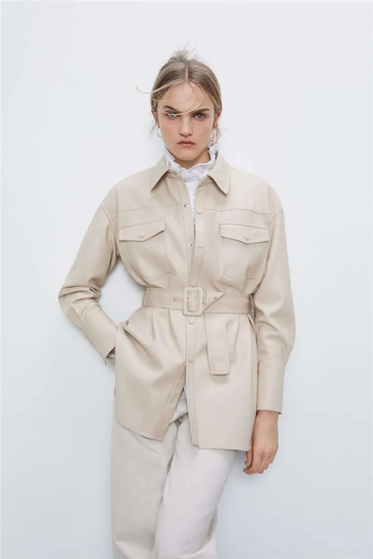 High waist lace-up PU coat