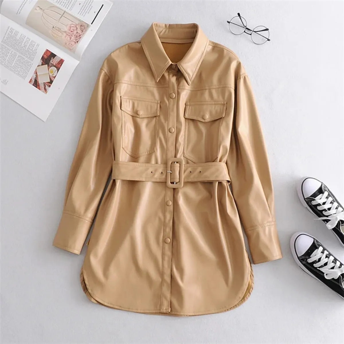 High waist lace-up PU coat