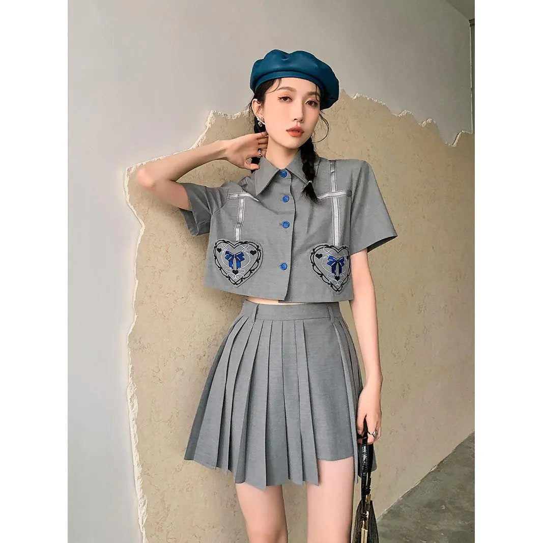 Short-Sleeved Lapel Top & High-Waist Skirt
