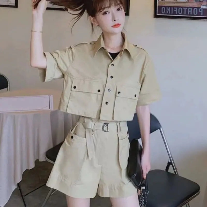 Short-Sleeved Lapel Top & High-Waist Skirt