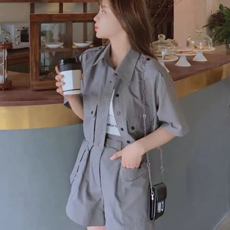 Short-Sleeved Lapel Top & High-Waist Skirt