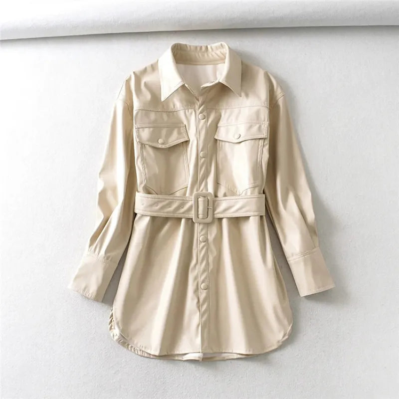 High waist lace-up PU coat