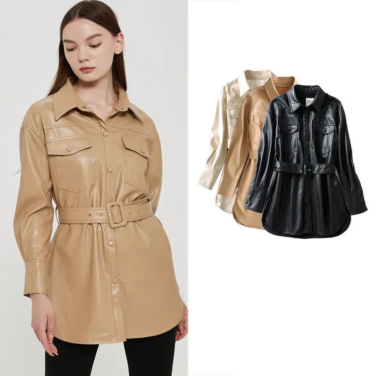 High waist lace-up PU coat