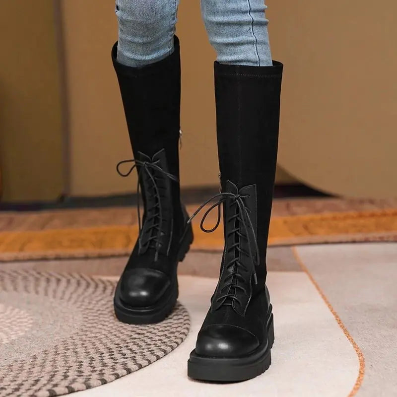 Knee-length Thick-soled Lace-up Knight Boots