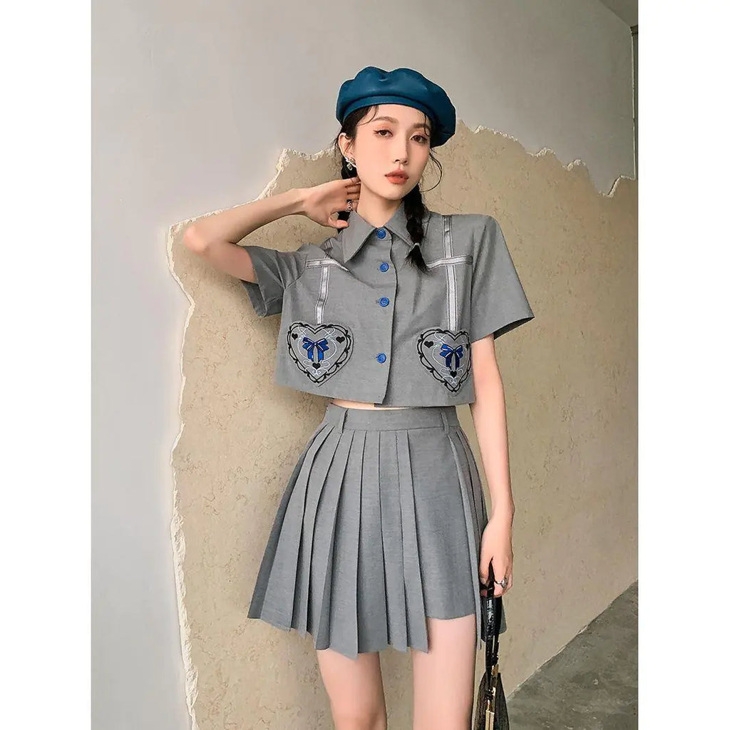 Short-Sleeved Lapel Top & High-Waist Skirt