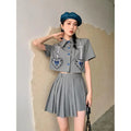 Short-Sleeved Lapel Top & High-Waist Skirt